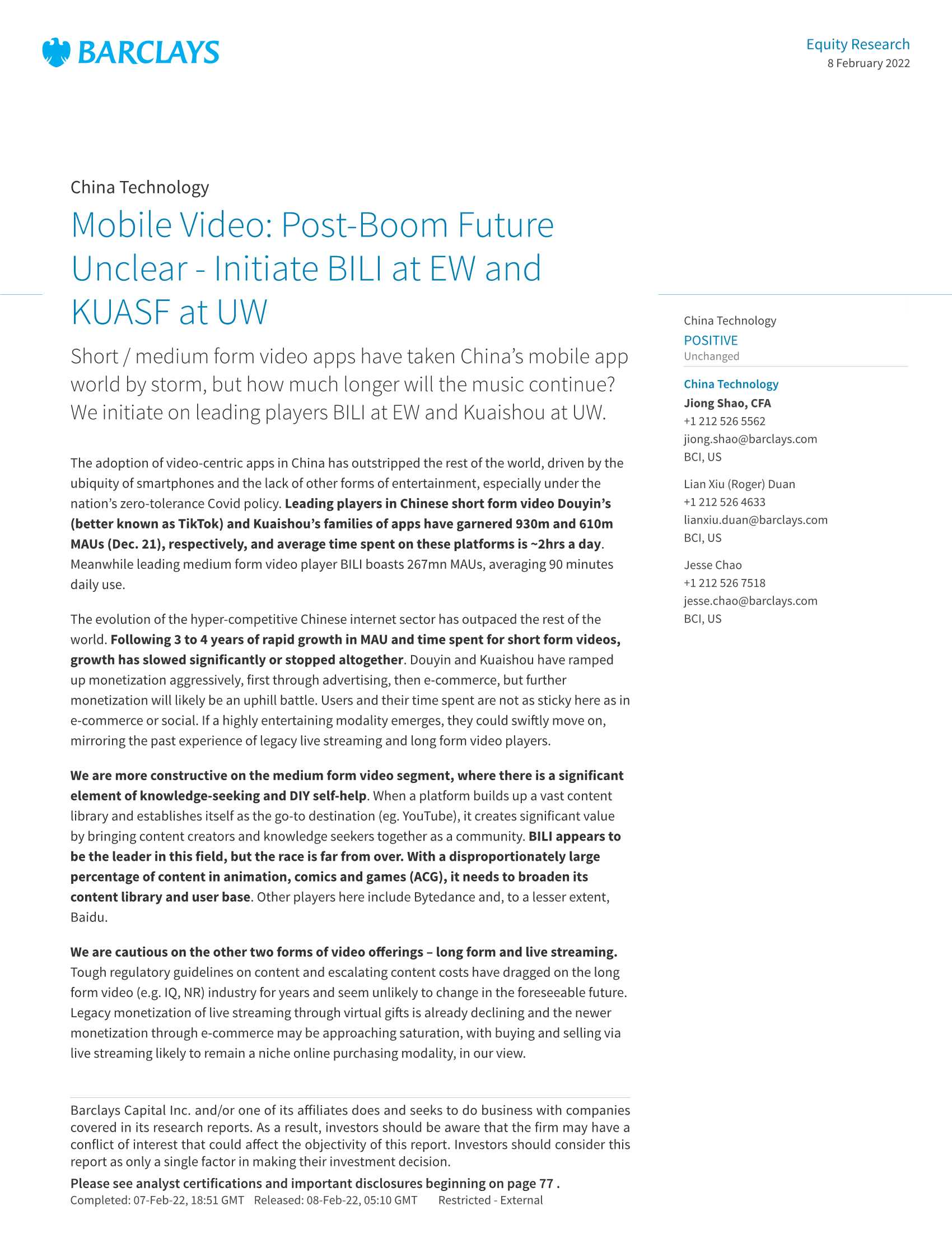 巴克莱-中国视频行业报告：繁荣后的未来尚不明朗（英）-2022.02-88页
